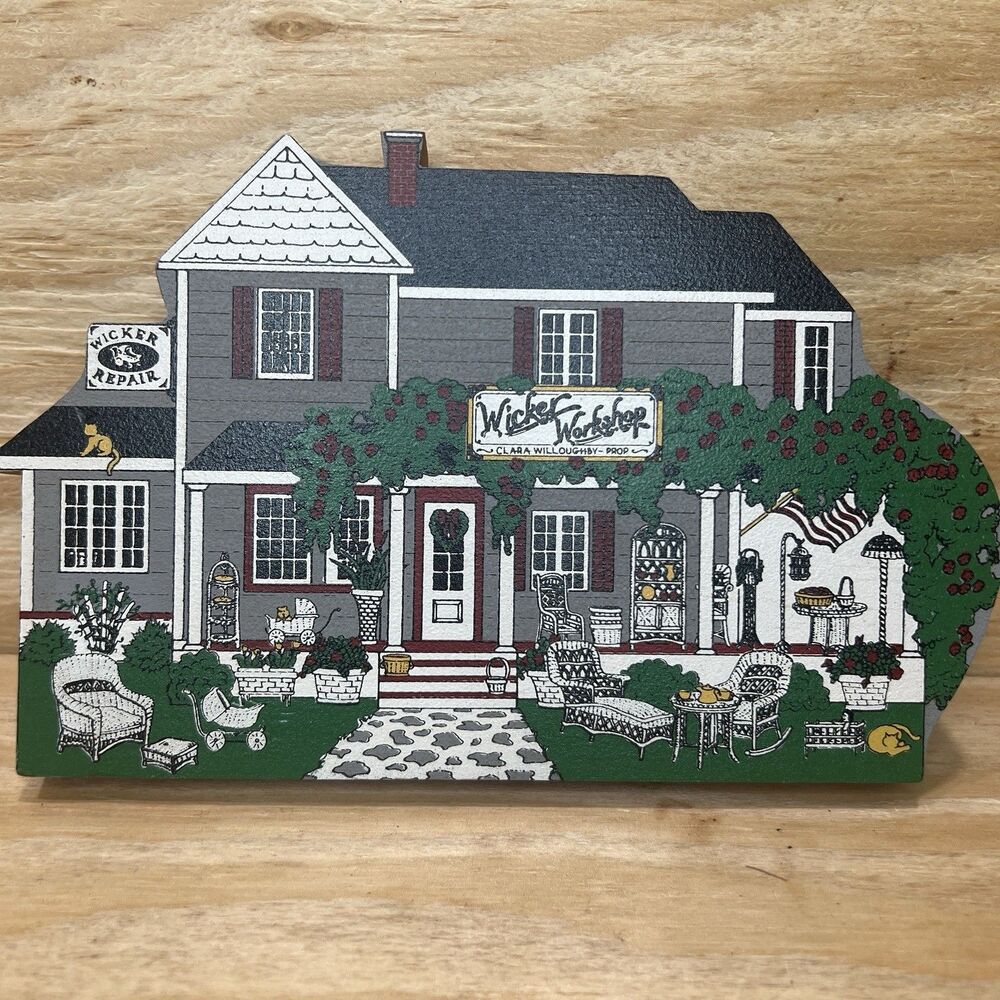 The Cat’s Meow Village Wicker Workshop 1990 Faline Wood House Shelf Sitter